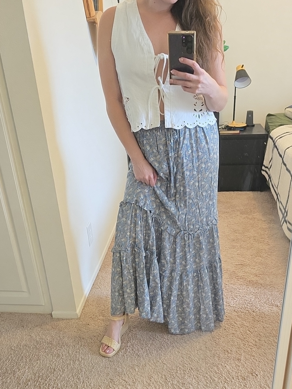Millibon Dusty Blue Floral Tiered Maxi Skirt
